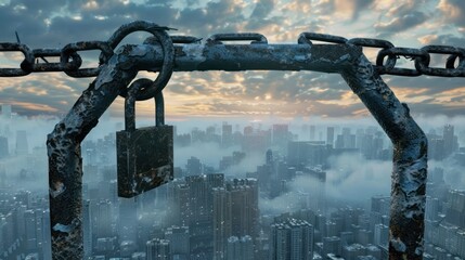 Naklejka premium Cityscape with Rusted Chain and Lock.