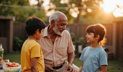 Indian Grandfather Surrounded by Grandchildren at Fun Family Event