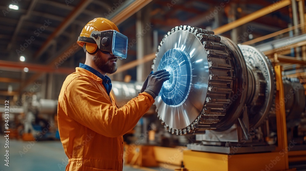 Poster technician using a 3d holographic guide to diagnose issues in industrial machinery stock photo with 