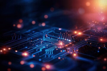 A close-up view of a circuit board with glowing lights and intricate patterns, symbolizing advanced technology and innovation.