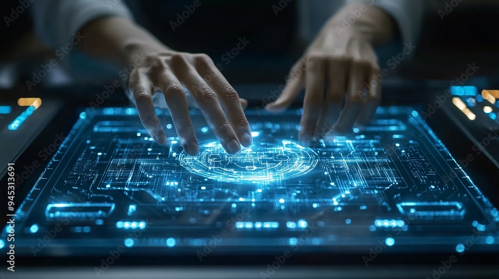 Poster engineer using a 3d holographic blueprint for troubleshooting and repairing industrial equipment sto