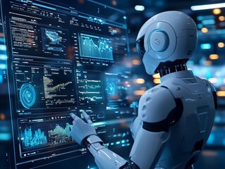 Visual of policymakers using AI tools to simulate economic policy impacts, concept of advanced economic forecasting