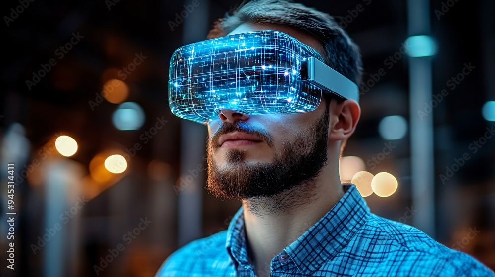 Aufkleber technician using a 3d hologram to visualize and repair industrial machinery in a factory stock photo