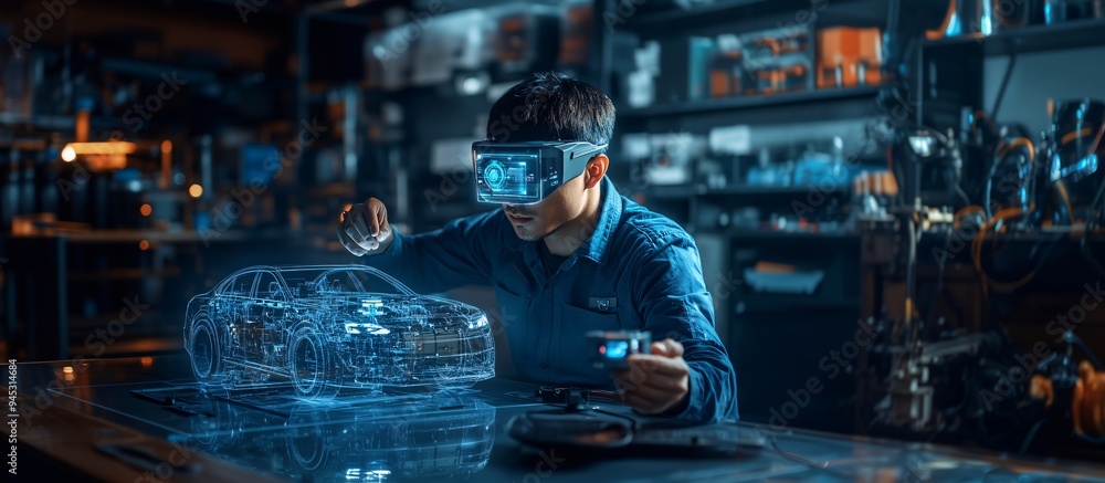 Poster Mechanic using a 3D hologram to troubleshoot issues in a car's engine in a high-tech workshop Stock Photo with copy space