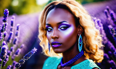 Fototapeta premium A woman with bright makeup poses in front of a field of lavender
