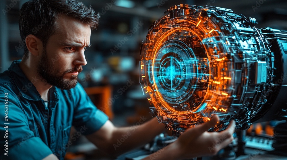 Poster Mechanic using a 3D hologram to troubleshoot issues in a car's engine in a high-tech workshop Stock Photo with copy space