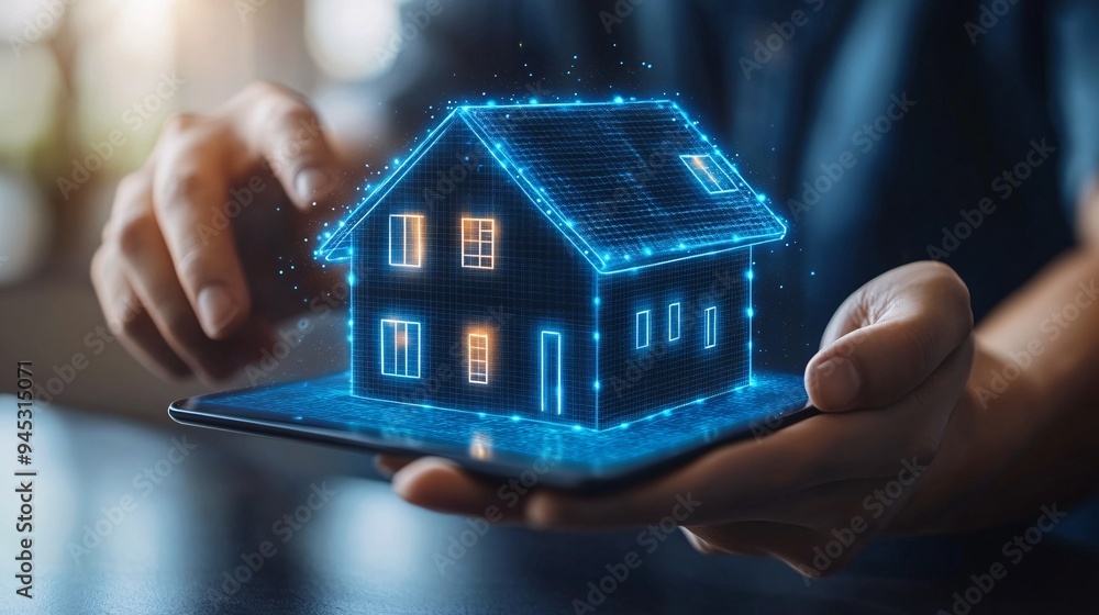 Poster Homeowner interacting with a 3D holographic display for home automation control and monitoring Stock Photo with copy space
