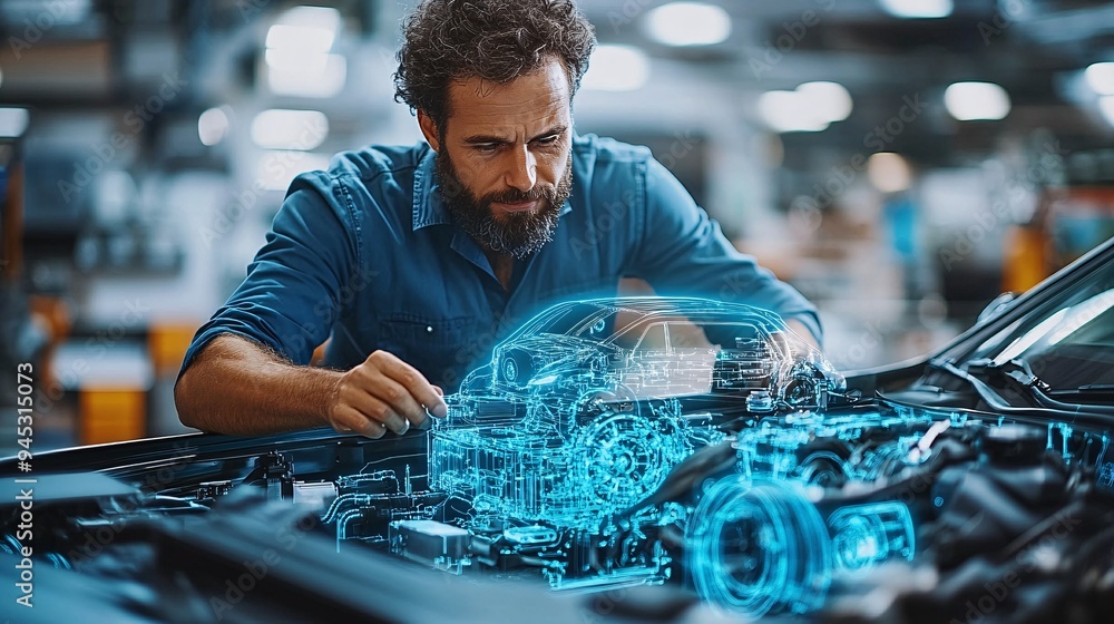 Poster Mechanic using a 3D hologram to troubleshoot issues in a car's engine in a high-tech workshop Stock Photo with copy space