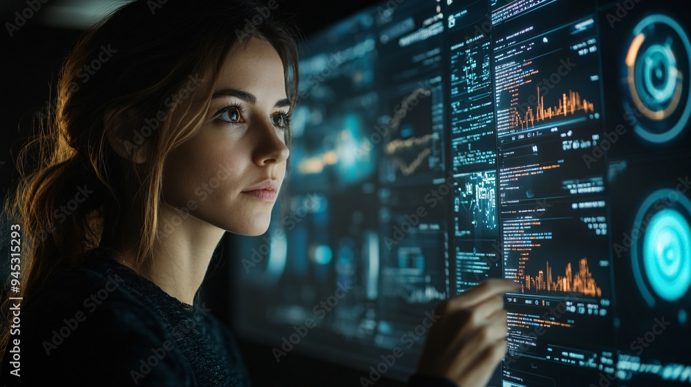 Poster Homeowner interacting with a 3D holographic display for home automation control and monitoring Stock Photo with copy space
