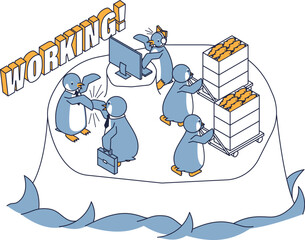 様々な業種で一生懸命働くペンギンのアイソメ