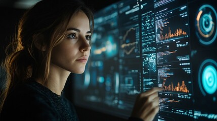 Homeowner interacting with a 3D holographic display for home automation control and monitoring Stock Photo with copy space