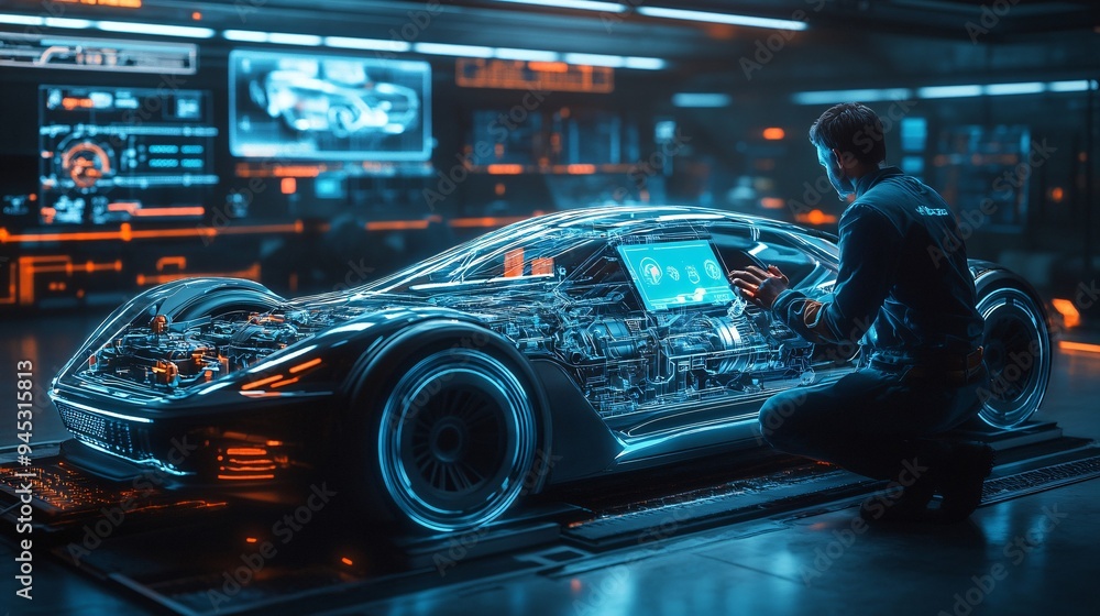 Poster mechanic following a 3d holographic guide to repair car engine components in a futuristic garage sto