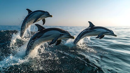 Fototapeta premium Three dolphins leap joyfully from the ocean, their graceful arcs creating a playful scene.