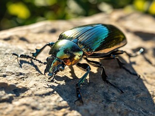 Naklejka premium A metallic green beetle with iridescent wings perched on a rock.