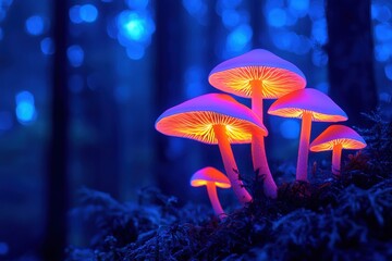 Fototapeta premium Vibrant glowing mushrooms illuminated under a mystical blue forest, creating a magical and enchanting atmosphere.