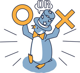 マルバツクイズを出題する司会のペンギンのアイソメ