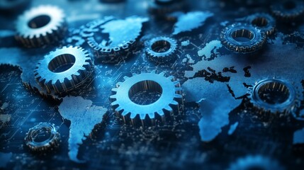 Abstract depiction of global economy symbols interconnected by policy gears, concept of international economic strategy
