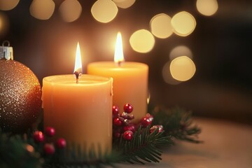 Lit candles with fir and berries, festive bokeh lights.