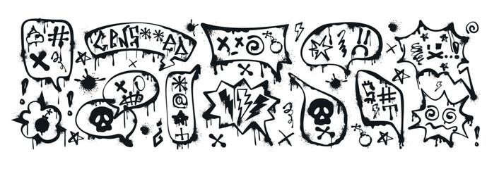 Fototapeta premium Graffiti spray paint comic speech bubbles with curses, insults, offensive words, skull, censored. Hand drawn ink talk balloons, dialogue box, text frames with swearwords. Aggressive emotion, profanity