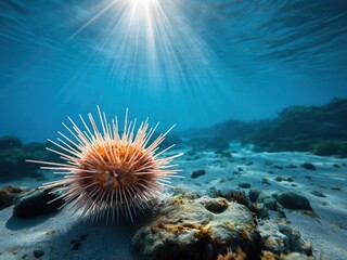 A pink sea urchin sits on a rock in the shallows of a clear blue ocean, illuminated by sunlight.