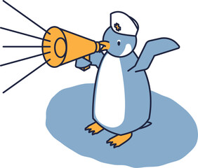 メガホンで呼びかけるナース帽を被った医療に従事するペンギンのアイソメ