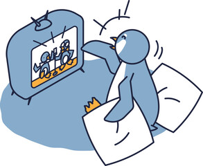 お笑い番組を見て爆笑する休日のペンギンのアイソメ