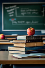 Books and apples in a school classroom