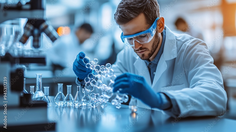 Aufkleber Professor demonstrating chemical reactions using a 3D holographic model in a university lab Stock Photo with copy space