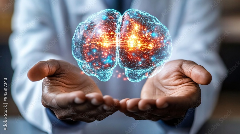Poster Professor demonstrating chemical reactions using a 3D holographic model in a university lab Stock Photo with copy space
