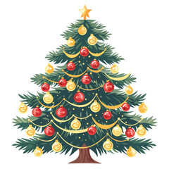 christmas tree with golden and red balls , illustration, Flat Vector, White background