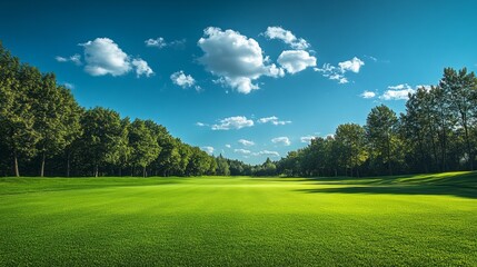 A large, open field with a clear blue sky and a few clouds