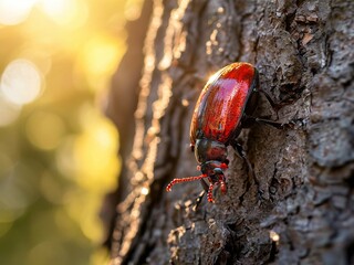 A red beetle with black legs and antennae crawls up a tree trunk in the dappled sunlight.