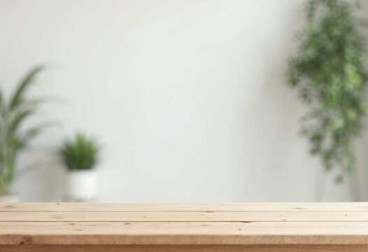 Empty wooden table top with blurred background