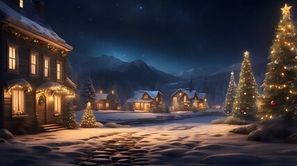 A scene with Christmas trees glowing at night
