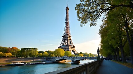 Fototapeta premium Eiffel Tower by the Seine River in Paris France