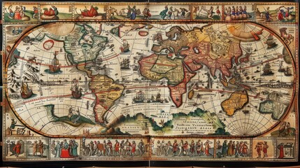 Obraz premium Antique World Map with Detailed Illustrations.