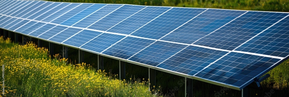 Poster a large array of solar panels installed at a facility for generating sustainable energy.