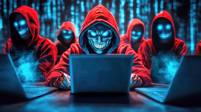 Dark web hacker group cybercriminals with glowing eyes in red hoodies sitting at laptops