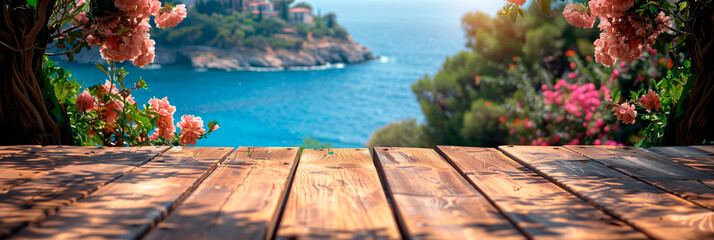 Mockup. A modern minimalist-style terrace with a seating area, panoramic sea views, sunset.