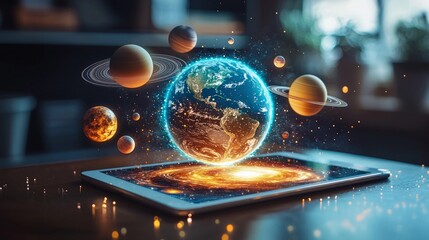 Tablet on classroom desk displays an augmented reality hologram with planets and cosmos, illustrating the use of AR technology for engaging and interactive learning experiences.