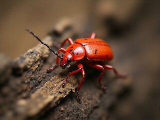 Fototapeta premium Macro shot of a vibrant Fire-colored Beetle on wood