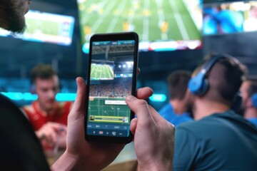Winning an online bet on a football game Close-up on man holding a cell phone while winning an online bet on a football game