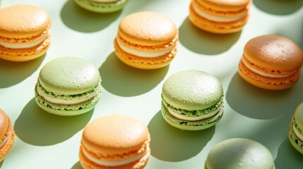 Fototapeta premium Matcha Green tea and orange macaroons on green background, colorful French cookies pattern,french macaroons,Paris Pastry macaron green tea,matcha,bakery and branding concept,copy space,copy space.
