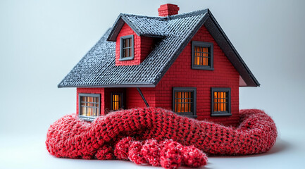 Figurine of a red house wrapped in a red scarf on a white background close up, created with Generative AI technology