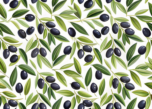 Seamless pattern of black olives and green leaves in repeating motif