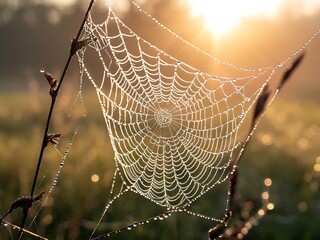 A spider web glistening with dew drops in the early morning sunlight.