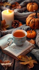 Fototapeta premium Cozy warm autumn composition with cup of hot tea, book