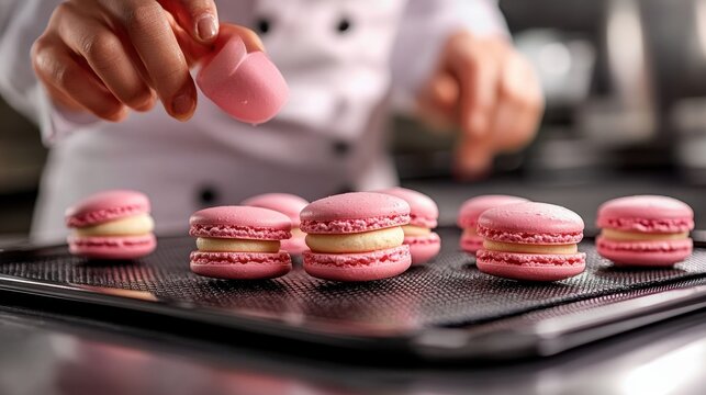 Chef hand pipe macaroon butter onto parchment paper in shape of circles,Making pink macarons,Piping out pink macaron mixture on a slip mat on backing tray,Paris Pastry,bakery and branding concept.