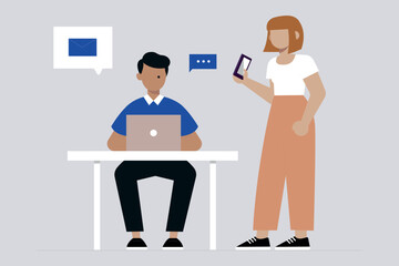 The girl is talking and the boy is working on the laptop.