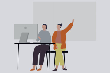 The girls are working on the monitor.